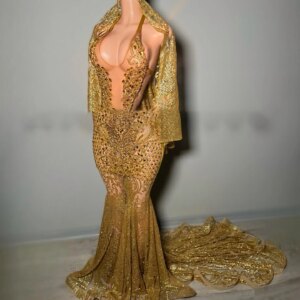 Gold Glitter Bead Crystal Rhinestone Long Prom Dresses 2025 For Black Girls Birthday Party Evening Gown With Cape Customized