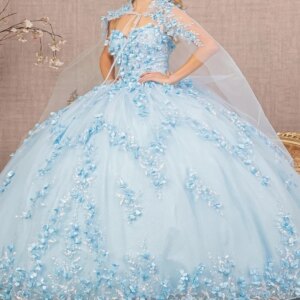 Sky Blue Luxury Ball Gown Quinceanera Dresses With Cape Beads Sequins Lace Appliques Flower Vestidos De 15 Años Birthday