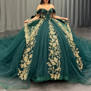 Blackish Green Shiny Quinceanera Dresses Ball Gown Off The Shoulder Applique Lace Beads Bow Tull Party Birthday Sweet 16 Vestido