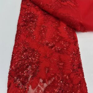 Luxury African Lace Fabric 2025 High Quality French Sequins Red Embroidered Lace Fabric For Nigerian Beaded Party Dress 5A929-1