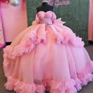 Customized Pink Appliques Quinceanera Dresses Ball Gown Tiered Ruffles Party Dress Off The Shoulder Bow Special