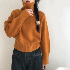 High-necked Sweater Women’s Pure Cashmere Soft and Lazy Style Loose Outer Knitted Thickened Lining Short Top