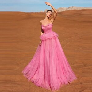 Tulle Pink Long Prom Evening Dresses Sweetheart Floor Length Prom Gowns Wedding Party Dress Vestidos de fiestaCL-617