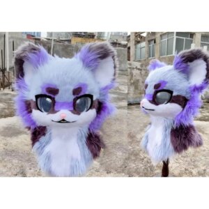 Purple Furuit Long-haired Cat and Fox Mascot Head Party Halloween Fur Role Play
