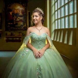 Customized cyan Princess Appliques Quinceanera Dresses Cloak Tulle Off The Shoulder Cathedral Train Ball Gown Vestidos De
