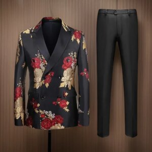 Floral Suits For Men Slim Fit Wedding Groom Tuxedos Male Fashion Costume Double Breasted Jacket With Pants