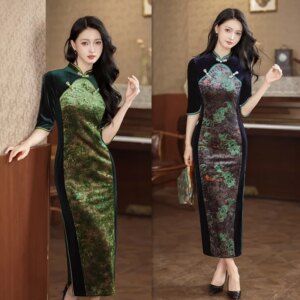 Old Shanghai Retro Chinese Style Improved Long Mid-Sleeve Cheongsam Autumn New Middle-Aged and Elderly plus Size