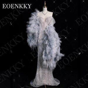 EOENKKY Luxury Evening Dresses Dubai Customized Bling Sparkly Sequin Mermaid Wedding Party Dress with Feather Shawl Off Shoulder