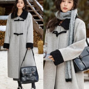 MISHOW Long Tweed Jacket Cotton Clip Fur Collar Color Clash Single-breasted Coat Spliced Wind Resistance Warm Jacket MXD58W0661