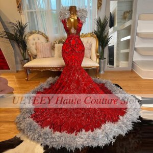 Luxury Red Mermaid Prom Dresses Sequined Feathers Evening Dress Vestidos De Gala Graduation Party Gonws Customized
