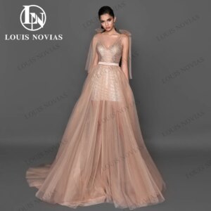 LOUIS NOVIAS Sleeveless Evening Dresses Women Illusion Glitter Spaghetti Strap Ribbons Party Dresses Vestidos De Noche