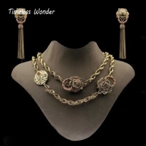 Timeless Wonder Fancy Zircon Lion Tassel Necklace N Button Earrings Women Designer Jewelry Set Trendy Runway Versatile Top 4612