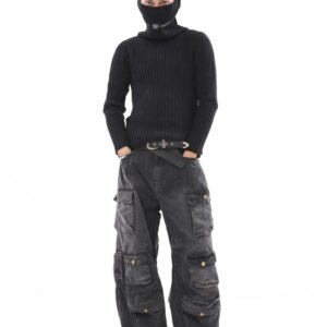American-Style Retro Multi-Pocket Washed Distressed Wide-Leg Mopping Jeans Niche Ruan Handsome Waste-Style Overalls