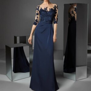 Vintage Long Crepe Lace Mother of the Brides Dresses Sheath Navy Half Sleeve Pleated Watteau Train Godmother Dress for Women