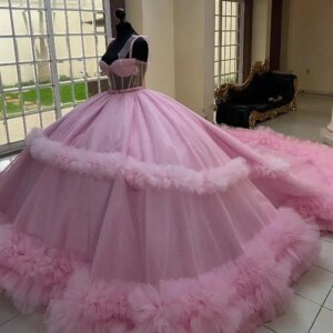 Pink Shiny Quinceanera Dresses Appliques Beading Crystal Tull Tired Off the Shoulder Princess Ball Gown For Sweet 16 Vestidos De