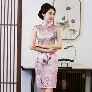 Cheongsam Qipao for Women Dress Spring/Summer New High Quality Real Silk Floral Print Button plus Size