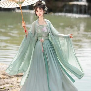 Hanfu woman ancient Chinese style double layer big sleeve shirt waist length full suit clothing