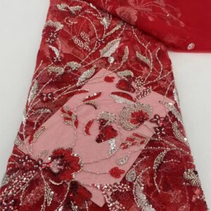 Latest 3D Flower French Tulle Beaded Sequin Lace Fabric 5 Yards 2024 High Quality Nigerian African Lace Fabric For Wedding Party