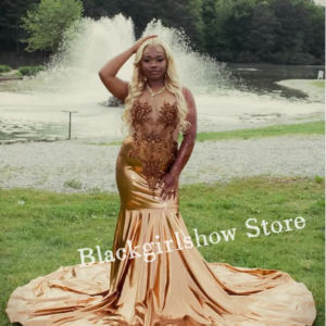 Champagne Long Prom Dress For Black Girls Sparkly Birthday Party Dresses High Slit Evening Gowns Mermaid Custom فساتين سهرة