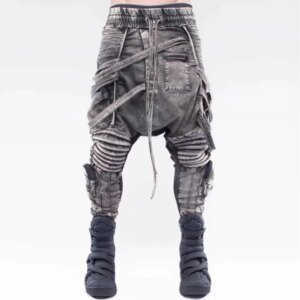 Sweatpants Streetwear Retro Heavy-duty Distressed Asymmetrical Ribbon Multi-stereo Bag Casual Pants Trend