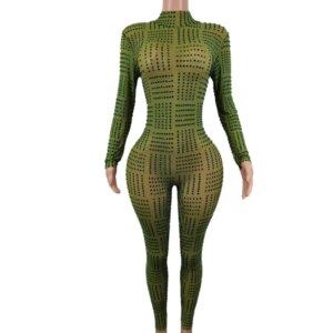 Luxury Crystal One Piece Bodysuits Sexy Long Sleeve Party Birthday Party Club Dance Costume Fashion Women Green Sequin Jumpsuits