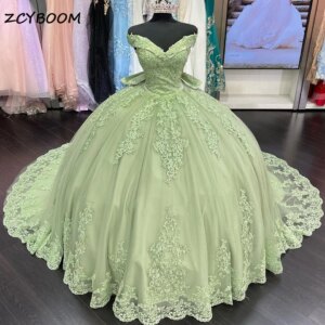 Elegant Sage Green Lace Appliques Sweetheart Quinceanera Dresses 2025 Off Shoulder Party Sweet 16 Ball Gown Vestidos De 15 Años