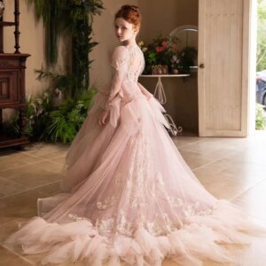 Jill Wish Luxury Crystal Pink Arabic Girl Dress Beaded Princess Kid Long Sleeve Wedding Birthday Pageant Party Pageant Gown J056