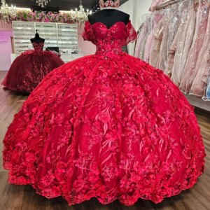 Red Shiny Quinceanera Dresses Ball Gown Off The Shoulder Applique Flower Beading Crystal Tull Party Birthday Sweet 16 Dress Vest