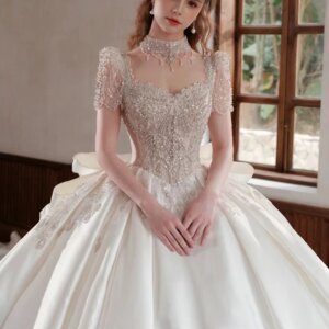 French Ivory Satin Wedding Dress New Bridal Ball Gown Luxury Beading Princess Vestido De Noiva Custom Big Size Floor Or Train