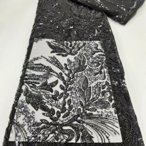 African Black Tulle Lace Fabric 2025 High Quality Embroidered French Nigerian Beaded Velvet Lace for Party Sewing Dress Q264-1