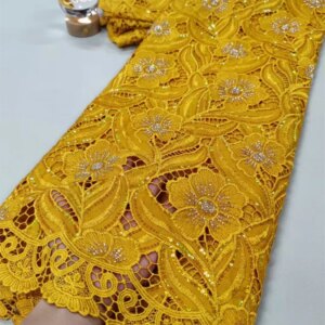 African chiffon lace fabric with beads high quality nigerian beads lace embroidery guipure lace fabric for wedding women