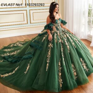 EVLAST Customized Mexican Emerald Green Quinceanera Dress Ball Gown Gold Lace Applique Beading Sweet 16 Vestido De 15 Anos E1Q81