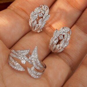 Aazuo 18K White Gold Real Diamonds Luxury Leaves Jewerly Set Rings Earring Gifted For Women Engagement Halo anillos mujer Party