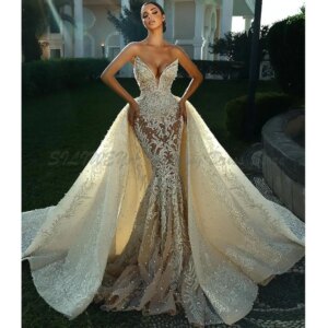Sexy Mermaid Prom Dress Luxury Appliques Pearls Backless Evening Dress Deep V-Neck Detachable Sweep Tail Bridal Gown Custom Made