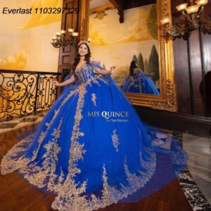 EVLAST Customized Royal Blue Quinceanera Dress Ball Gown Gold Lace Applique Beads Cape Corset Sweet 16 Vestido De 15 Anos QD1191