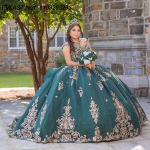 EVLAST Customized Dark Green Ball Gown Quinceanera Dress Gold Lace Applique Beading Party Sweet 16 Vestidos De 15 Anos E1Q701