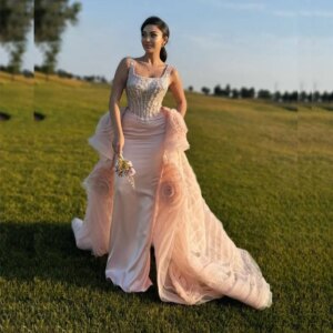 Exquisite Beading Sequined Evening Dresses For Women Spaghetti Strap Pleat Chapel Train Gowns Formal Occasion Celebrity Dress