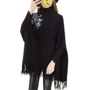 4 Style Autumn Pullover Fashion Women Loose Tassel Poncho Cloak Knitted Warm Applique Beading Sequin Floral Spider Sweater