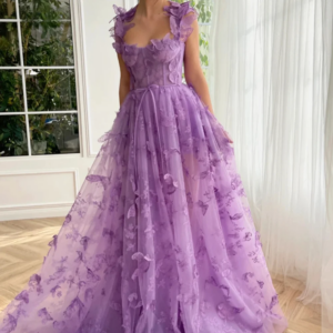 Vintage Long Purple Spaghetti Straps Tulle Prom Dresses Sleeveless with Appliques A Line Slit Floor Length Vestido Festa