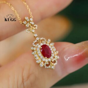 KUGG 100% 18K Yellow Gold Necklace Vintage Palace Style Luxury Diamond Jewelry Natural Ruby Necklace for Women Wedding Jewelry