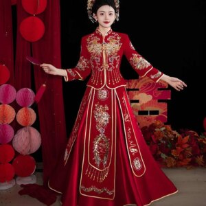 Traditional China Huafu Xiuhe Clothes Bride’s Wedding Ceremony Dress Double Phoenix Embroidery Coat + Skirt Party Toasting Suits