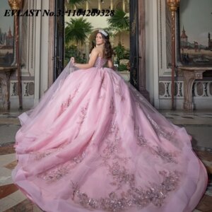 EVLAST Customized Blush Pink Princess Quinceanera Dress Ball Gown Floral Applique Beading Sweet 16 Vestidos De 15 Anos E3Q695