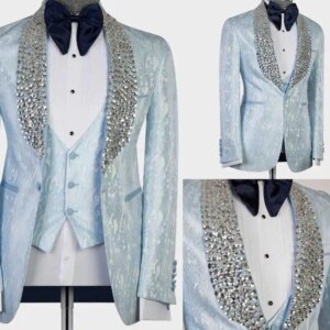 Floral Pattern Men Suits Customized Beading Shawl Lapel Groom Wedding Party Tuxedos 3 Pieces Black Pants Male Blazer Costumes