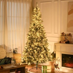 7.5 ft Tall Prelit Artificial Christmas Tree Holiday Dr with 1188 Snow Flocked Branches 500 Warm White LED Lights Auto Open Gre