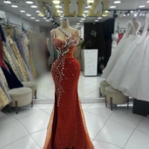 Orange Dubai Pearls Mermaid Evening Dresses Beads Crystals 3D Appliques Arabic Party Gowns Formal Prom Dress Robe De Soiree 2024