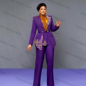 Luxury Purple Women Suit Pants Set 2 Piece Blazer+Trousers Crystals Prom Dress Wedding Tuxedo Party Tailored Made Jacket Coat