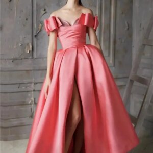 Classic Pink Satin A-Line Off Shoulder Evening Gown Backless Fashion Short Sleeves Porm Dresses Vestidos De Novia