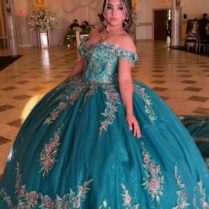 Customized Shiny turquoise Off Shoulder Quinceanera Dress Lace applique 3D flower Long tail vestidos de 15 Quinceanera