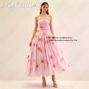 EVON BRIDAL 2024 Pink Homecoming Dresses With Flowers Tulle Strapless Prom Gowns Tea-Length robe cocktail mariage Women Custom