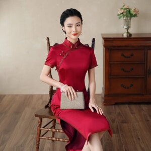 High-End Red Quality Real Silk Cheongsam Qipao Improved Cheongsam Qipao Dress Chinese Style Dress